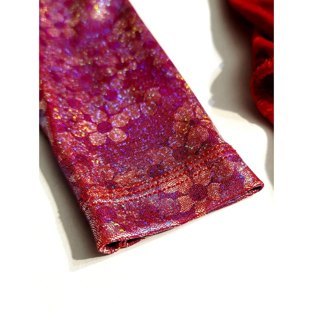 GK Elite VTG Red Velvet Floral Holographic LS Keyhole Leotard Size AM Adult M - Picture 10 of 16
